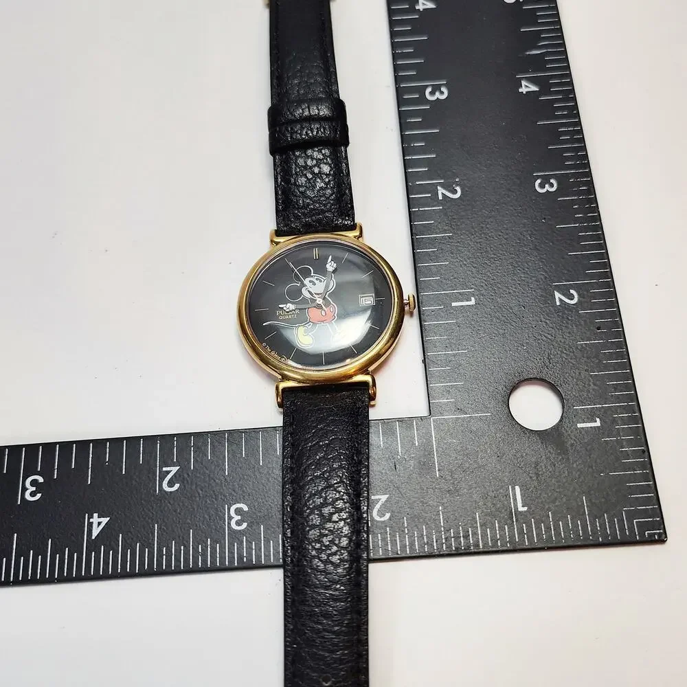 Vintage Mickey Mouse Pulsar Watch Gold Tone Black Dial Date